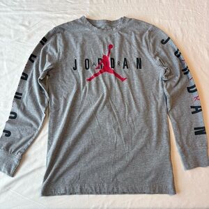 Jordan Gray Long Sleeve Tee with Red Jumpman and Black Sleeve Script
